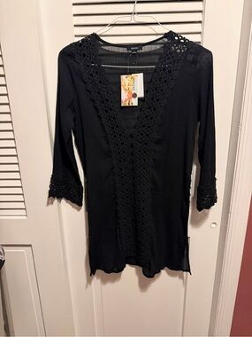 Black Sheer Lace Trim Swim Cover Up / Beach Cover Up /size s/p
